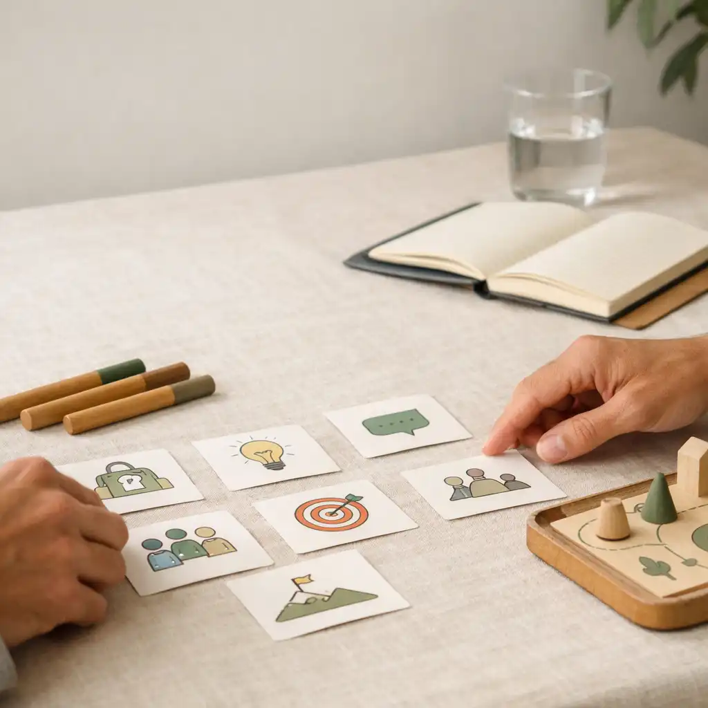 Mains adultes organisant des supports et repères d'animation sur une table en lin