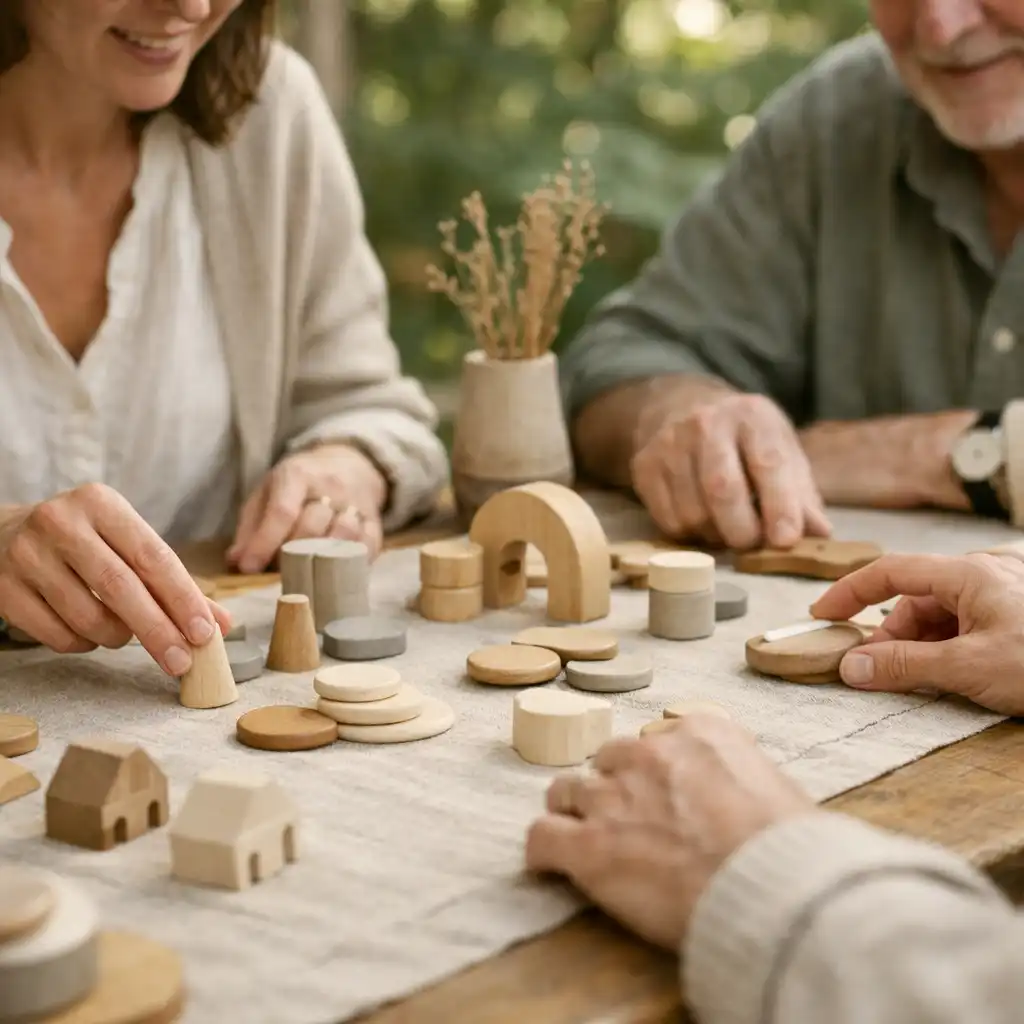 Mains de convives et d'une animatrice autour d'une table en lin pendant une animation conviviale