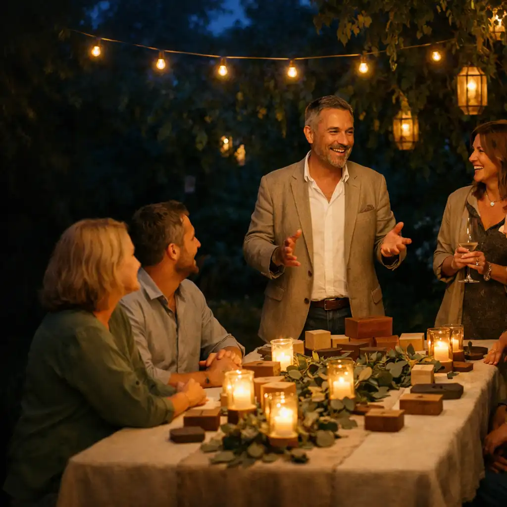 Invités réunis autour d’une animation de table pendant une soirée de jardin