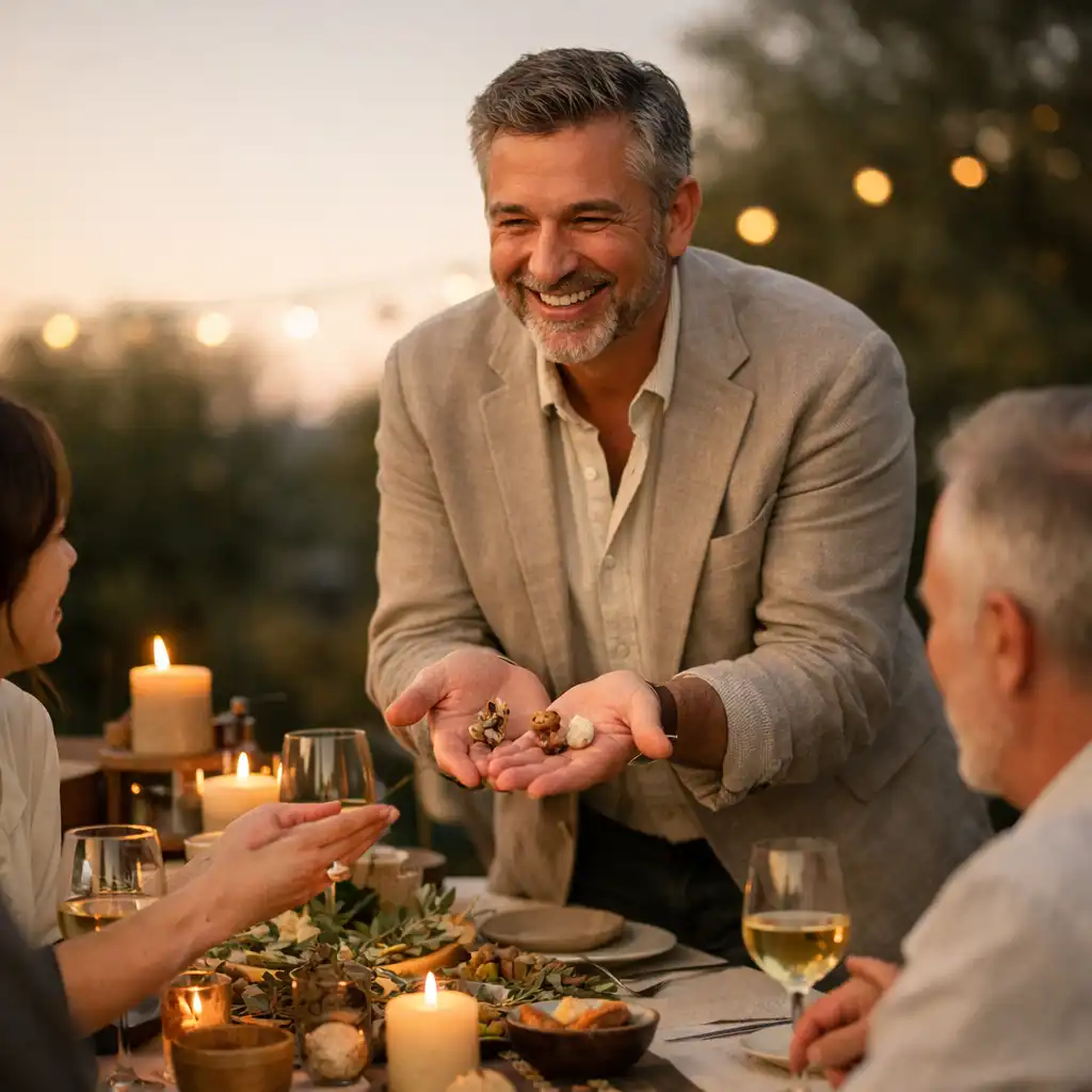 Un hôte présente une animation de table à des invités autour d’une table en lin lors d’une réception au crépuscule.