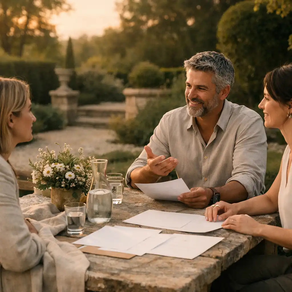 Trois adultes discutant du déroulé d’une réception autour d’une table extérieure