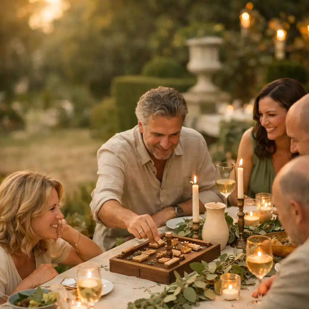 Convives adultes réunis autour d'une longue table en lin dans un jardin au crépuscule