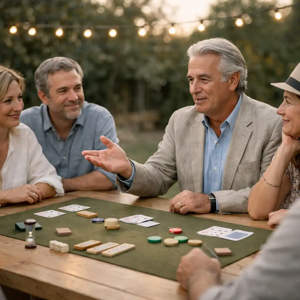 Adultes réunis autour d’une table d’animation pendant une réception de jardin.