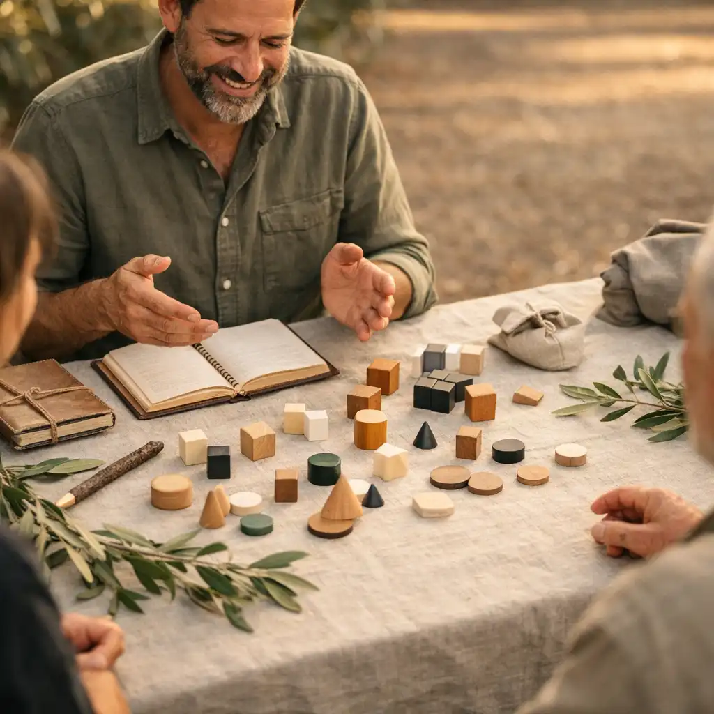 Un animateur organise des éléments ludiques abstraits sur une table en lin entourée de feuillage.