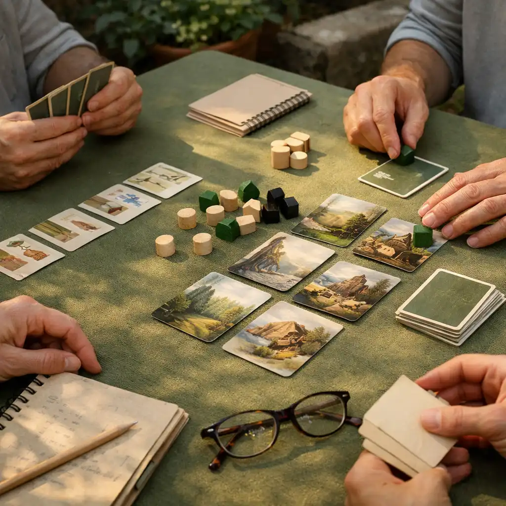 Mains adultes autour d’une table en lin avec papeterie, pions décoratifs et supports de jeu neutres