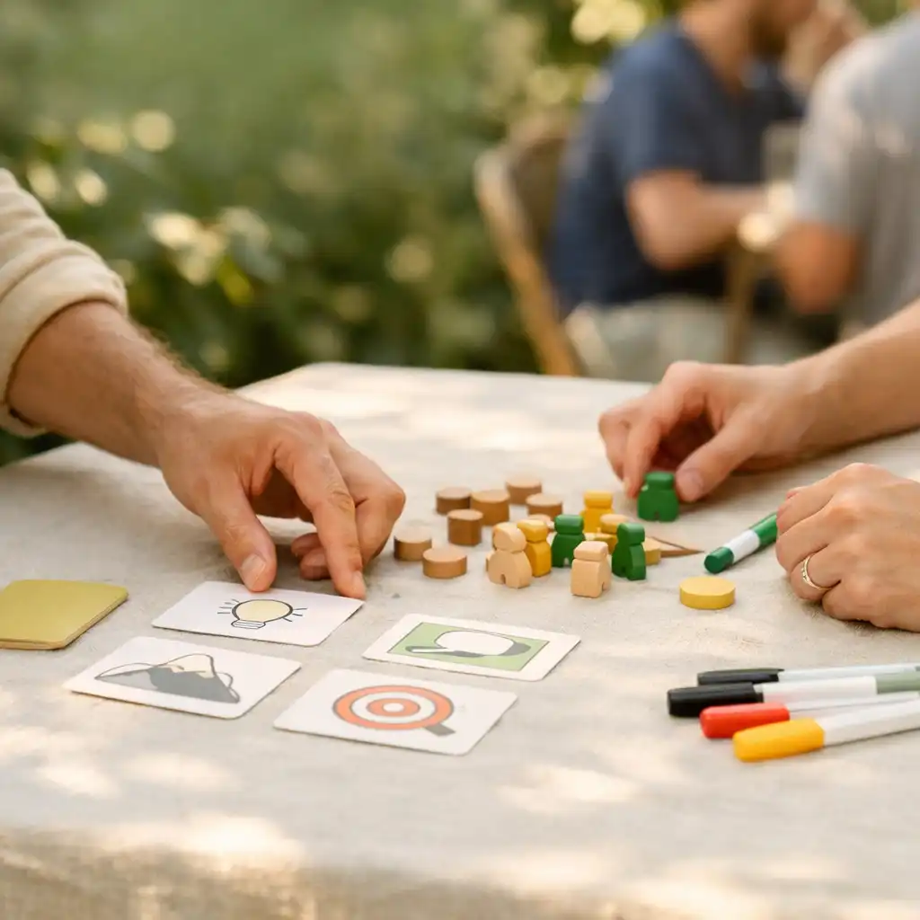 Mains disposant des cartes illustrées et des marqueurs en bois sur une table en lin