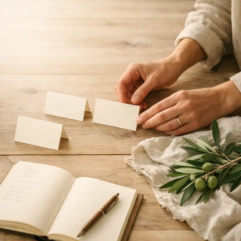 Mains préparant une table avec un carnet, des branches d’olivier et du linge de lin