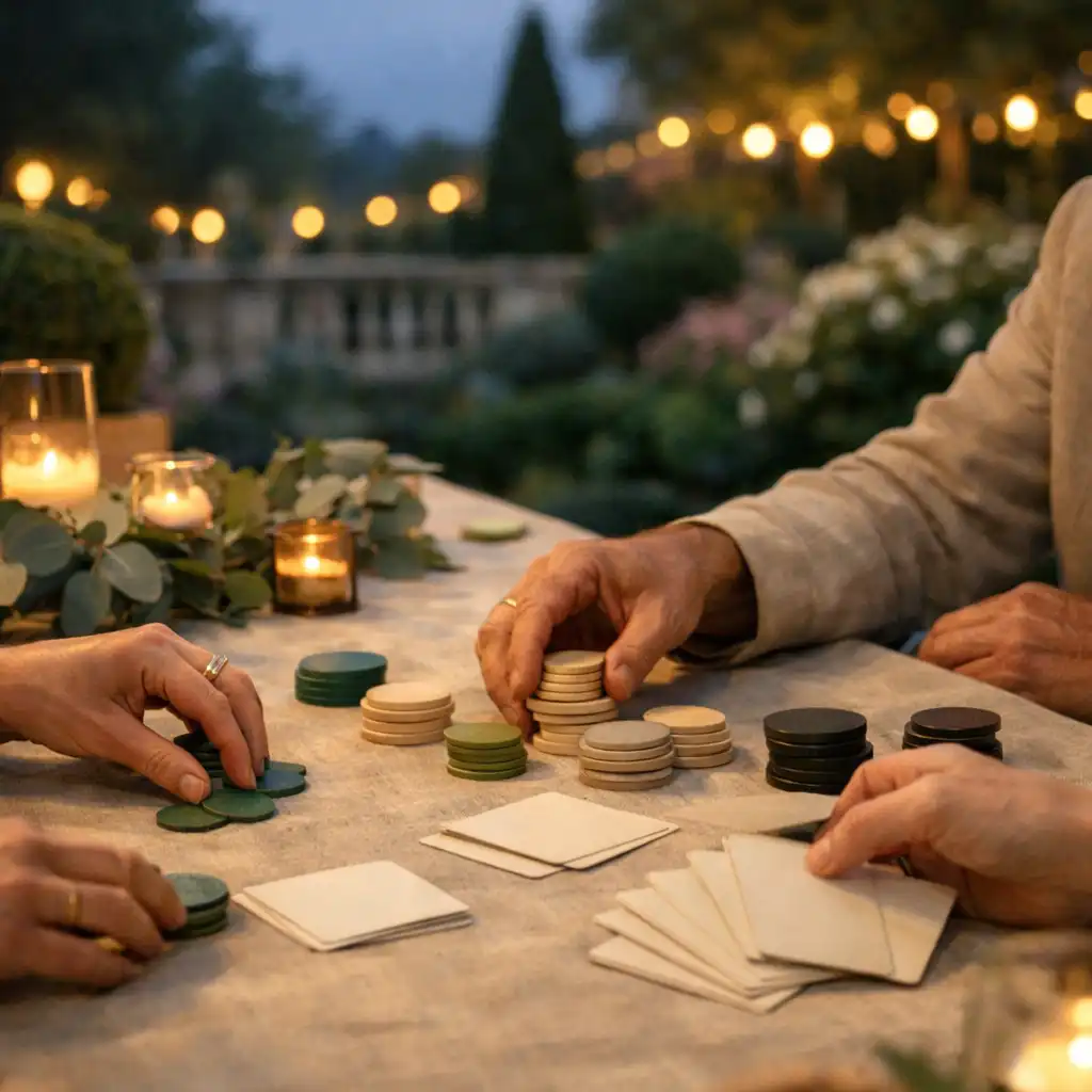 Table en lin dans un jardin au crépuscule, où des adultes préparent une animation conviviale