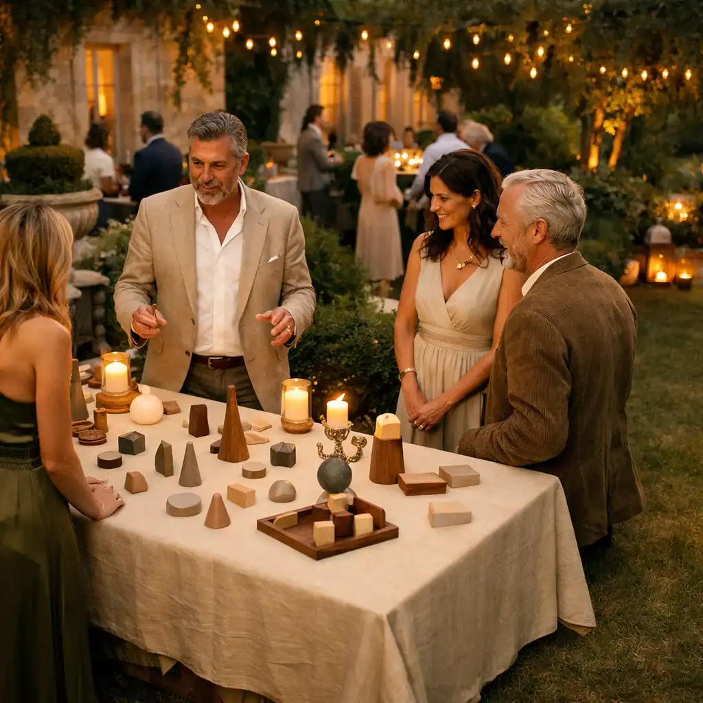 Convives réunis autour d'une table d'animation dans un jardin au crépuscule