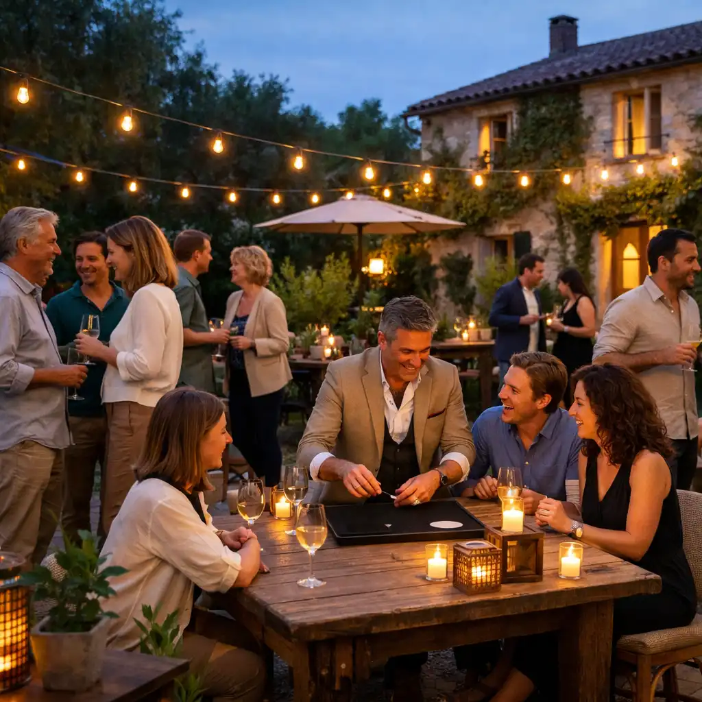 Convives adultes réunis dans une cour végétalisée autour de tables lors d'une soirée privée