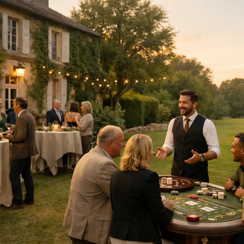 Petits groupes d'adultes échangeant autour de tables dans un jardin lors d'une soirée professionnelle