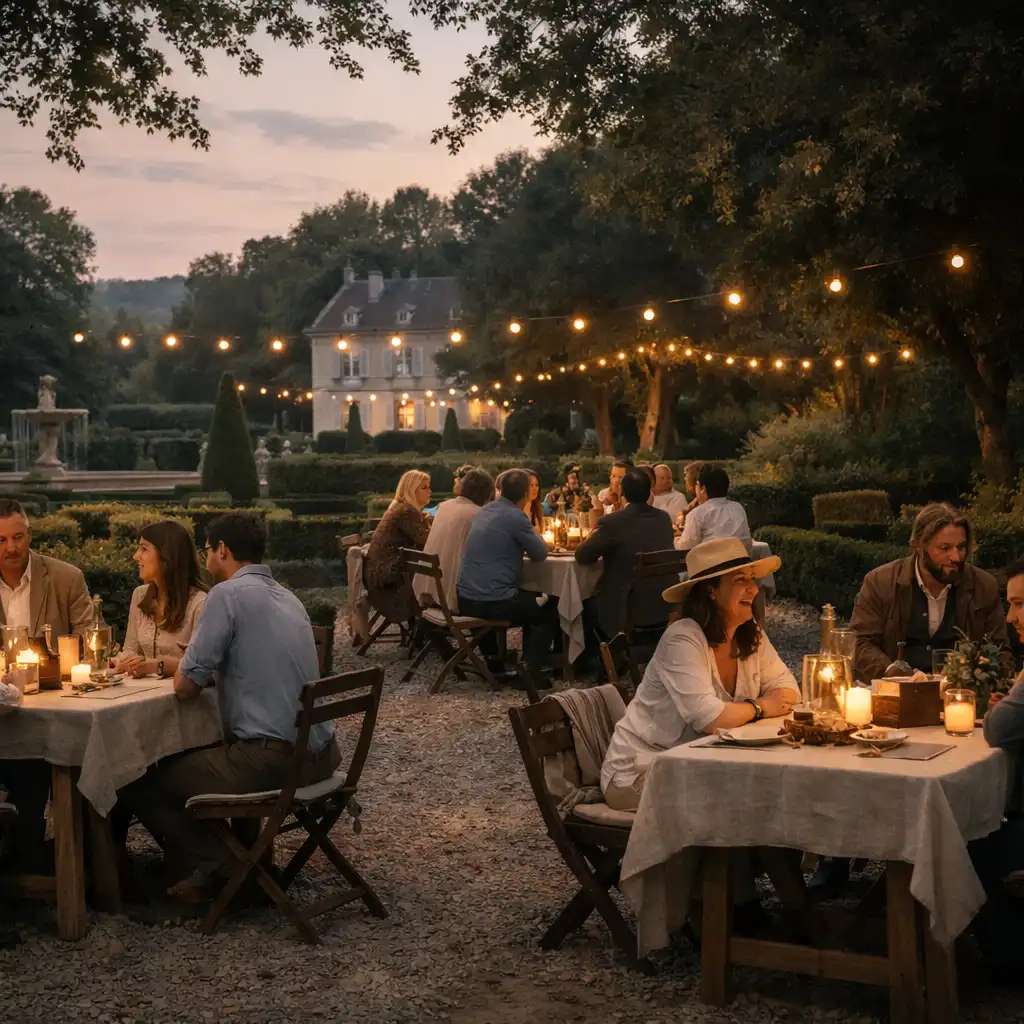Des invités participent à des animations de table au cours d’une réception dans un jardin à la tombée du jour.