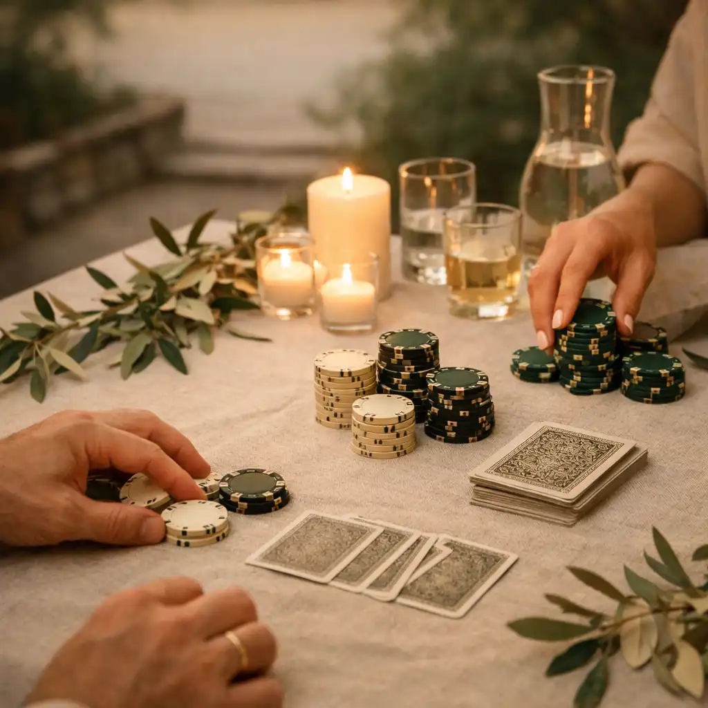 Mains adultes préparant une table d’animation sur du lin beige avec feuillage et verrerie lors d’une réception au crépuscule.